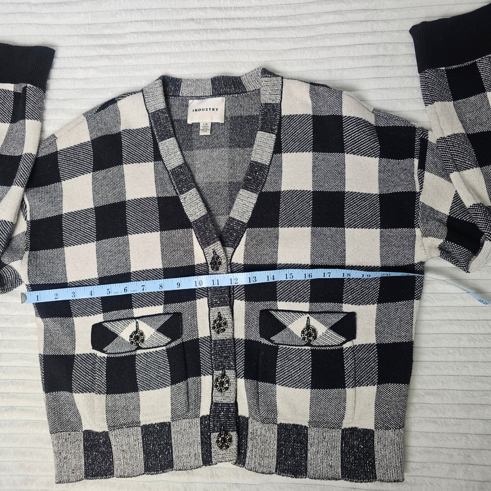 Industry Womens Buffalo Plaid Cardigan Black Cream Wool Blend V-Neck Large - Picture 4 of 12